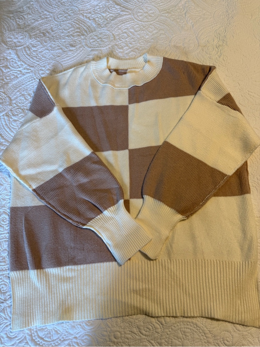 Checker Block Crewneck Sweater in Cream and Brown